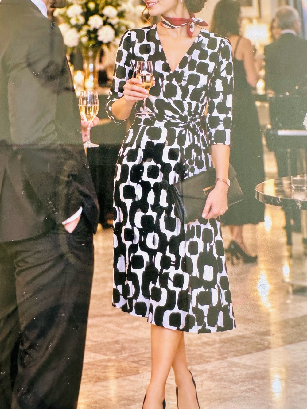 AB Studio Black & White Geometric Wrap Midi Dress